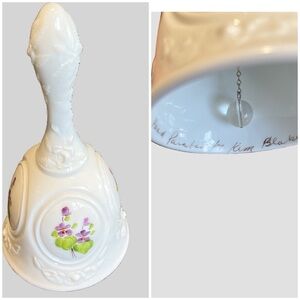 SIGNED FENTON Vintage Milk Glass Bell Violets In the Snow, Handpainted Flowers